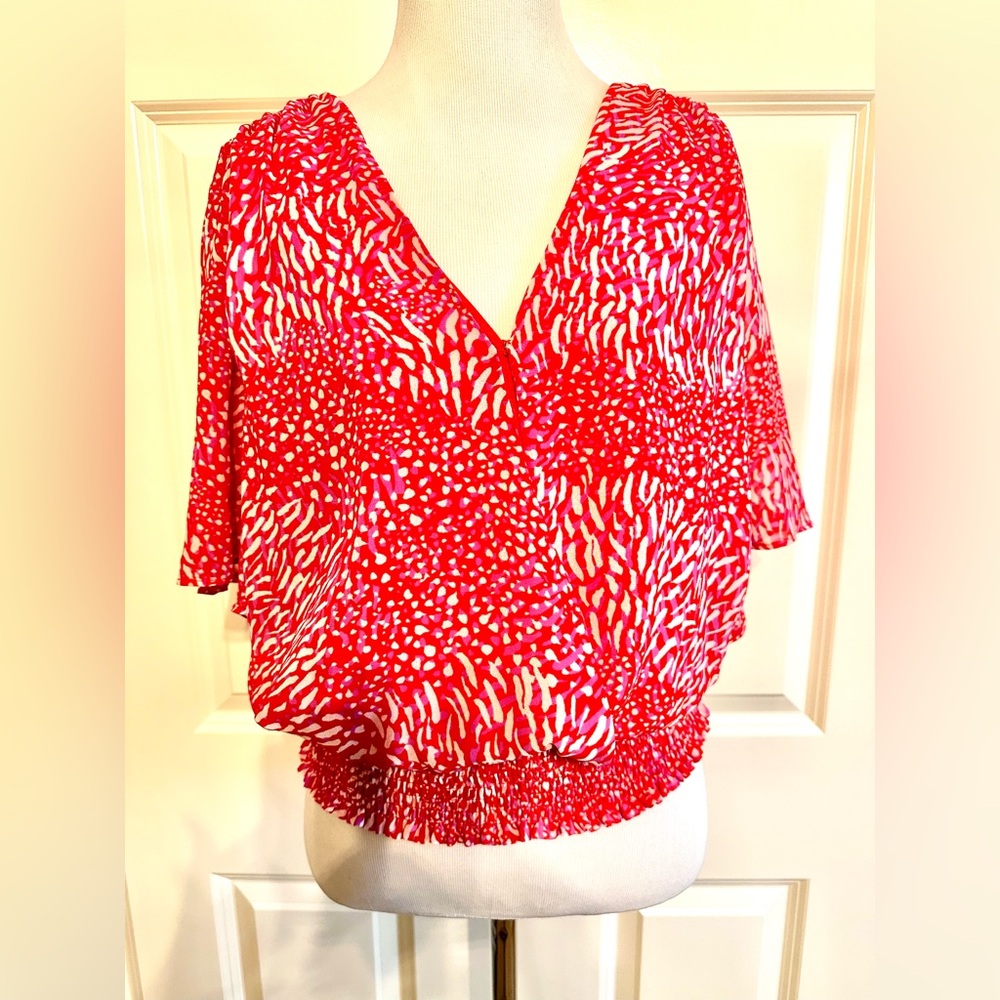 Lush Red and Pink Women's Patterned Blouse Top Flowy Cinched Waist